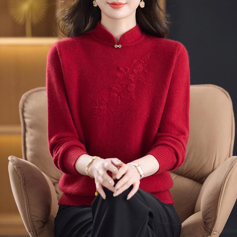 

High-End Qipao Collar Women s Wool Sweater - Autumn/Winter Fashionable, Loose, Double-Strand for Mothers XL [115-125 lbs] червоний
