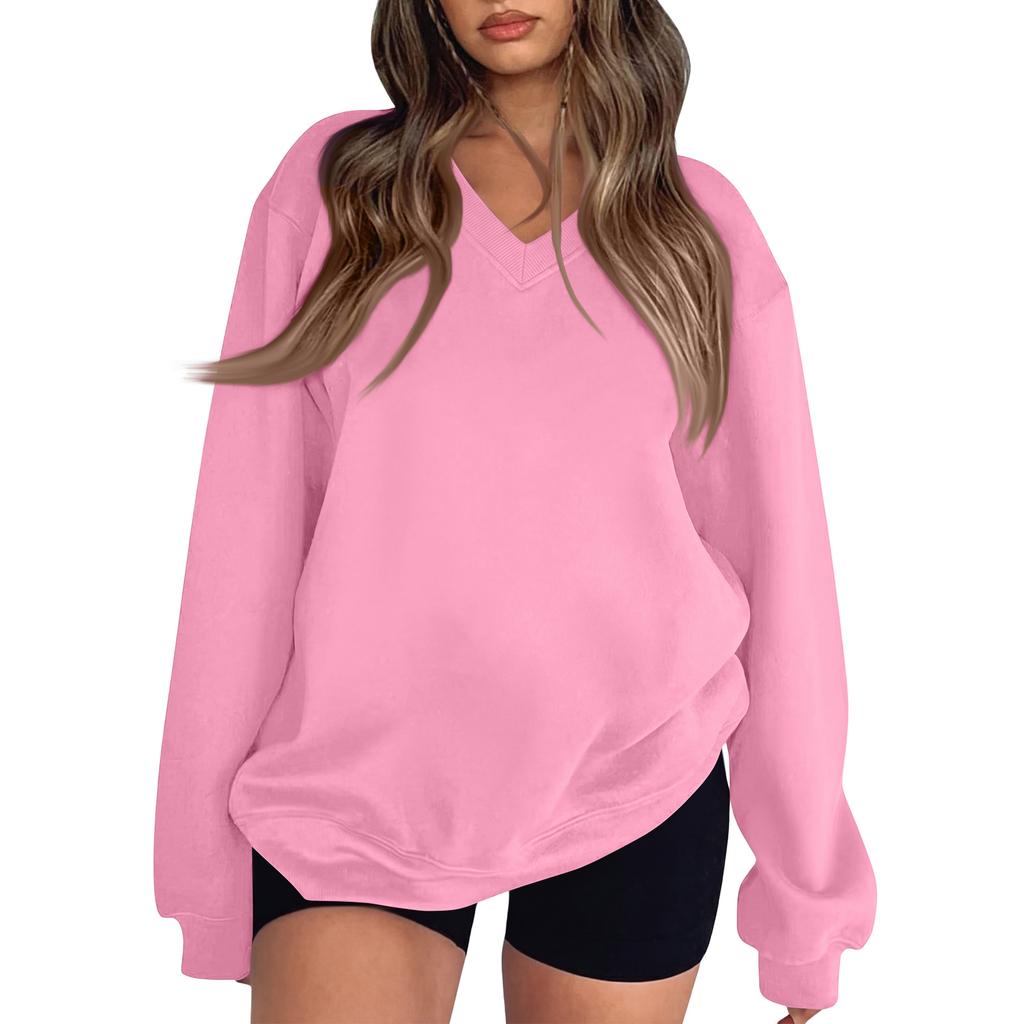 Women's Long Sleeve V-Neck Sweatshirt Color Casual Pullover Top