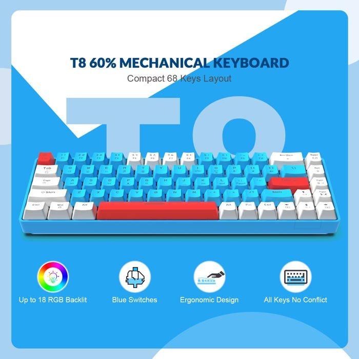 Clavier d'ordinateur - Yindiao - T8 - Mécanique - Rétroéclairage RGB - 68 touches