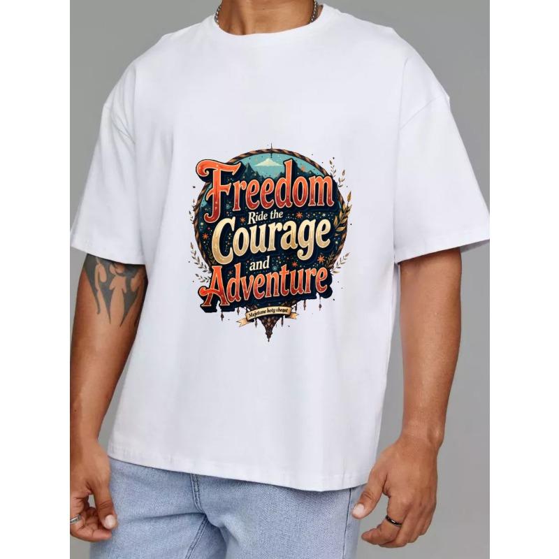Freedom Courage and Adventure T-Shirt White Graphic Design with Mountain Scene and Inspirational Text for Outdoor Activities and Casual Wear