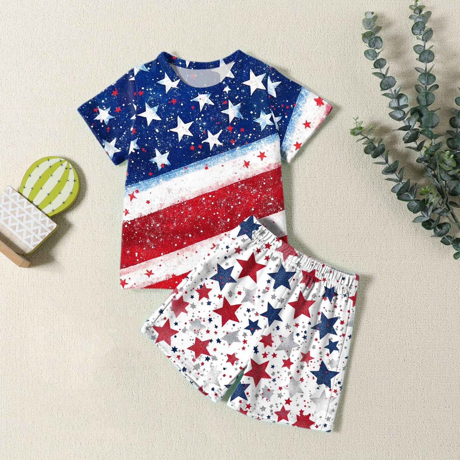 

Мода для мальчиков девочек Повседневный комплект ко Дню независимости: футболка с круглым вырезом и короткими рукавами, шорты 120