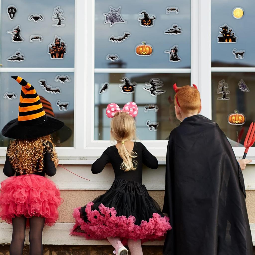 Halloween Thick Gel Clings for Window Glass Miror Decoration Scary Gel Clings Decals for Spooky Hunted House Spider Bat Witch Pumpkin Sticker Party