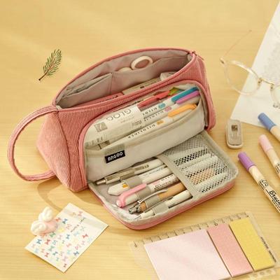 Corduroy Pen Bag Pencil Case Light Color Multi Slot Easy Handle Storage Pouch Organizer for Stationery School Travel