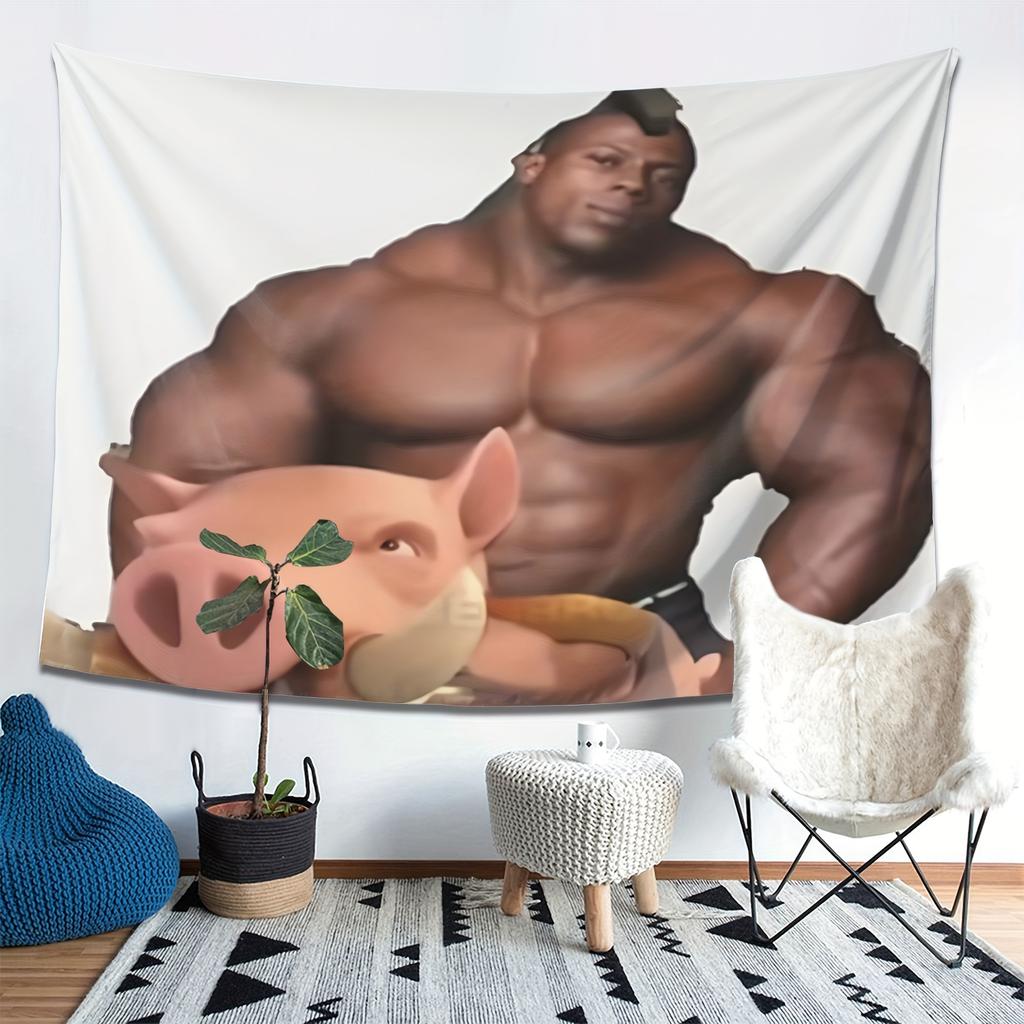 Muscle Man and Pig Tapestry Fun Bedroom Dormitory Wall Hanging Fabric Living Room Home Decoration