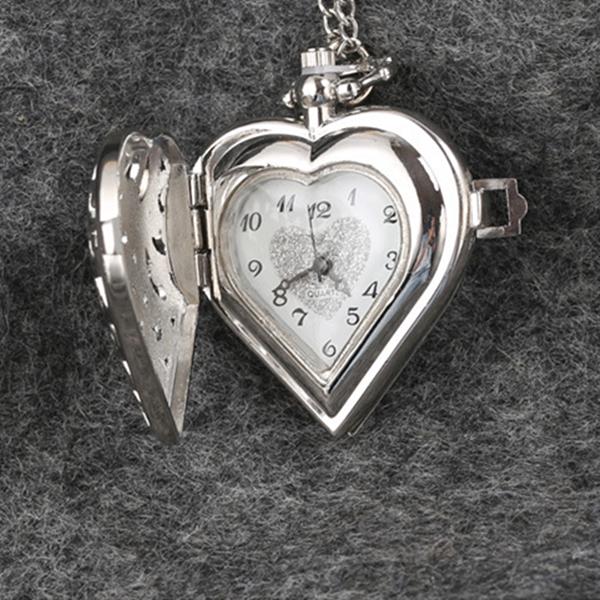Hollow Heart-Shaped Pocket Watch Necklace Pendant Chain Women