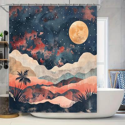 Stunning Moonlit Landscape Shower Curtain with Blue Mountain Range: Perfect for Adding a Touch of Nature-inspired Charm To Your