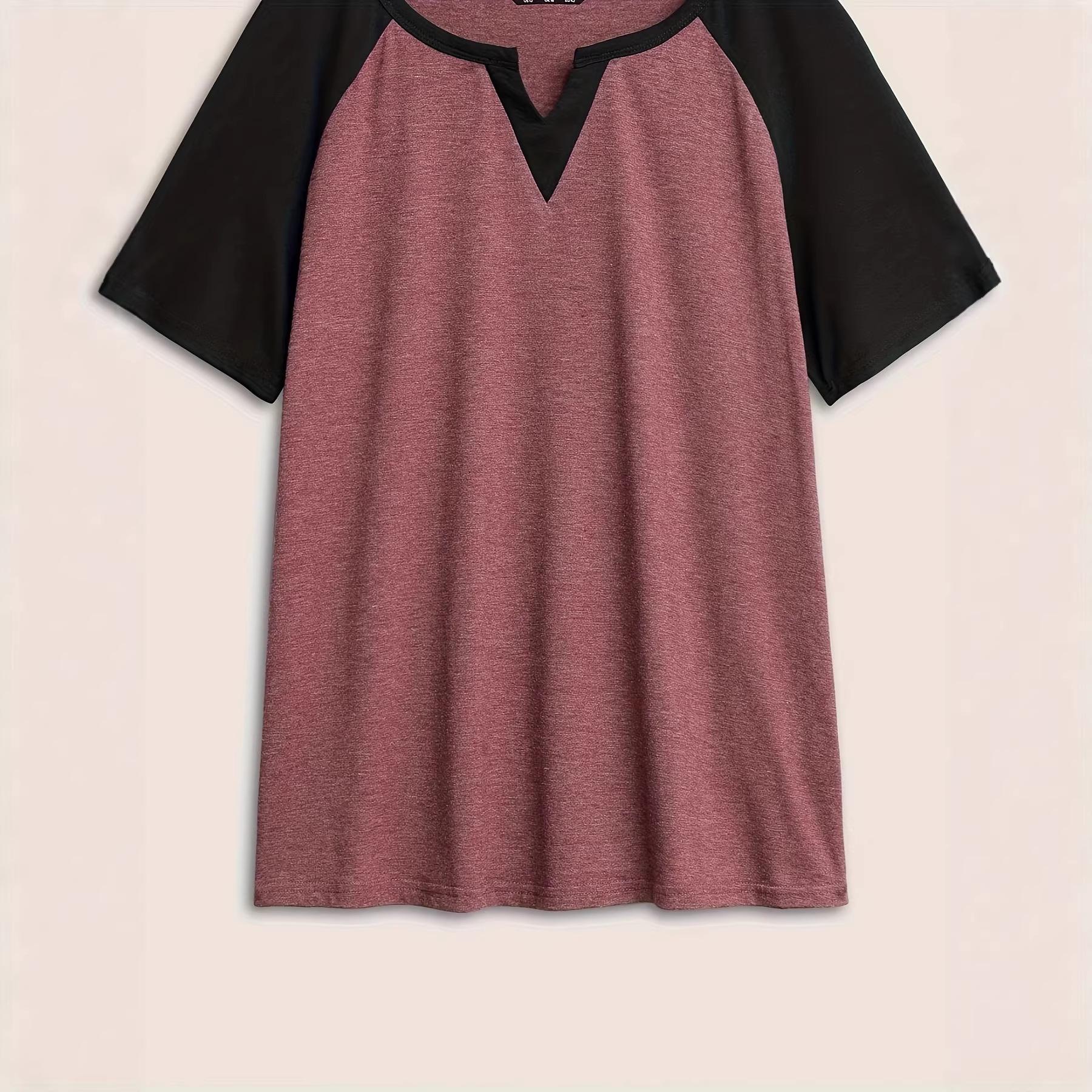 European Color Block V-Neck Loose Short Sleeve Women s Casual T-shirt S темно-красного
