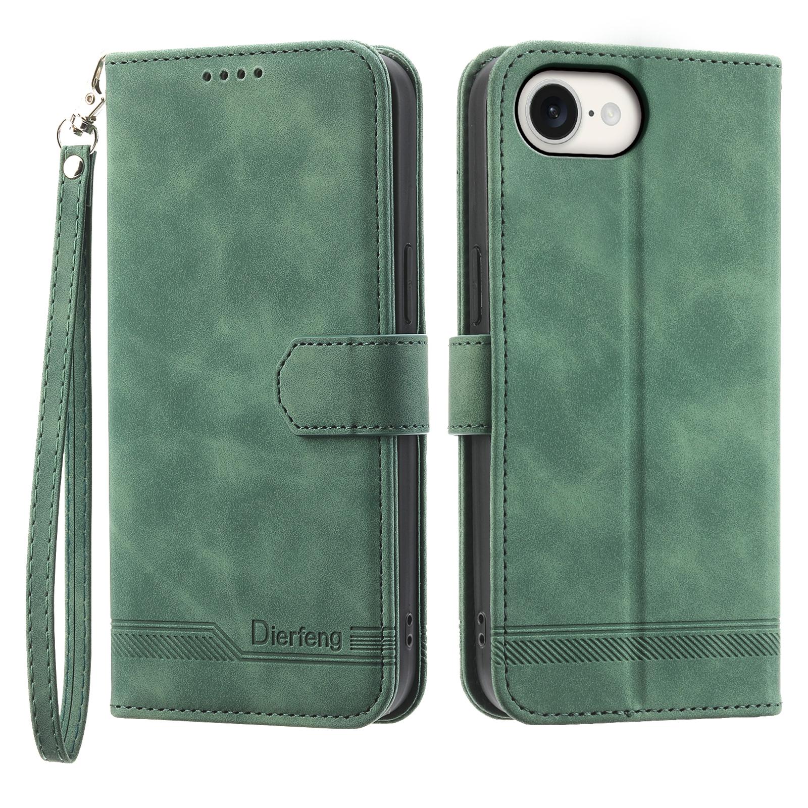 

DIERFENG DF-03 For iPhone 16e Wallet Cover Card Slot Lines Imprinted Phone Case Green