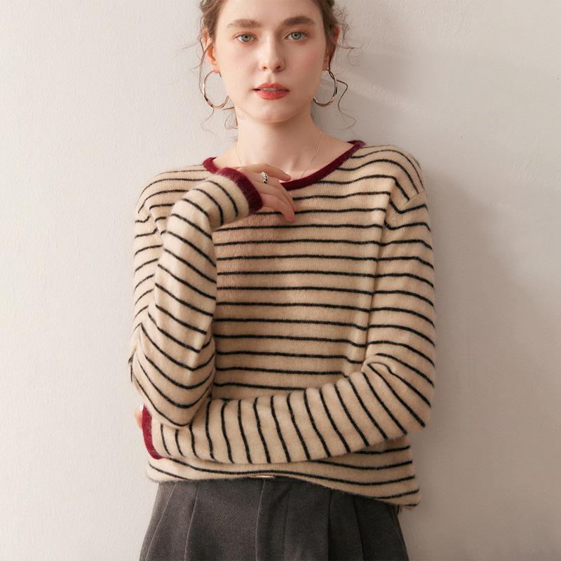 2025 Autumn/Winter Women's Color Block Stripe Cashmere Sweater - Loose Knit Round Neck Long Sleeve Fashion Base Layer