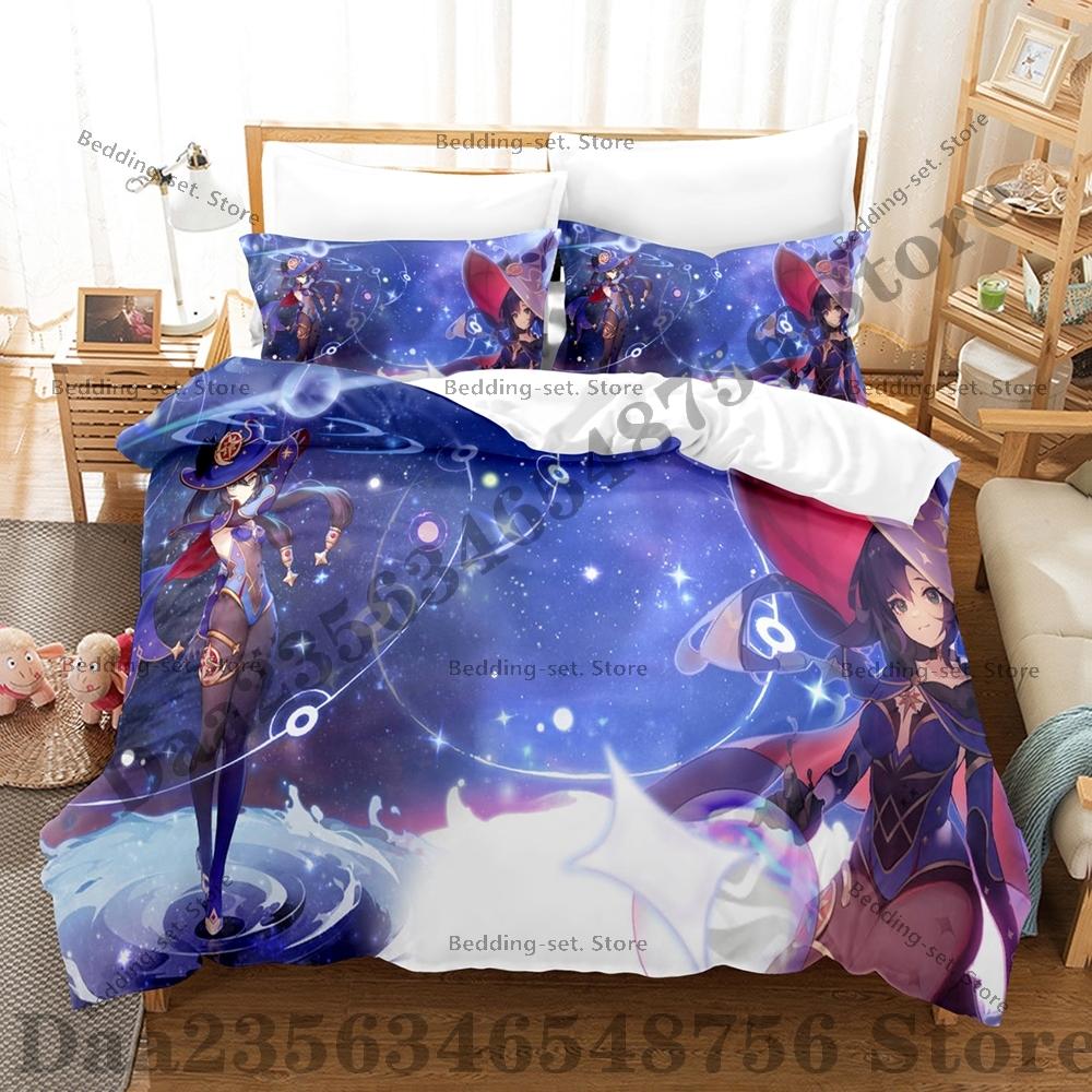 Game Genshin Impact Mona Bedding Set Kawaii Three Piece Set Bed Set Adult Bedroom Duvetcover Sets Anime Bed Sheet Set