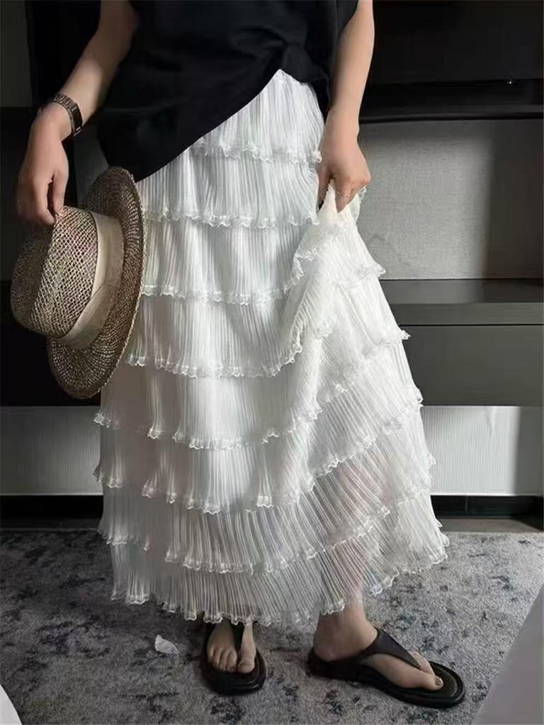Spring 2026 Korean Lace Pleated Gauze A-line Skirt – White