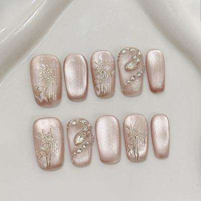 10Pcs Sweet Cute Handmade Press On Nails Flower Butterfly Fake Nails Glossy Diamond False Nails Full Cover Acrylic Nail Tips Art