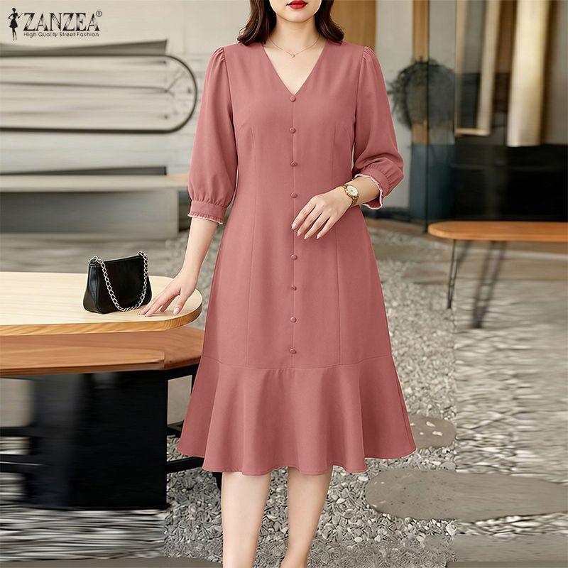 ZANZEA Women Elegant Casual V-Neck Solid Color 3/4 Sleeve Dress
