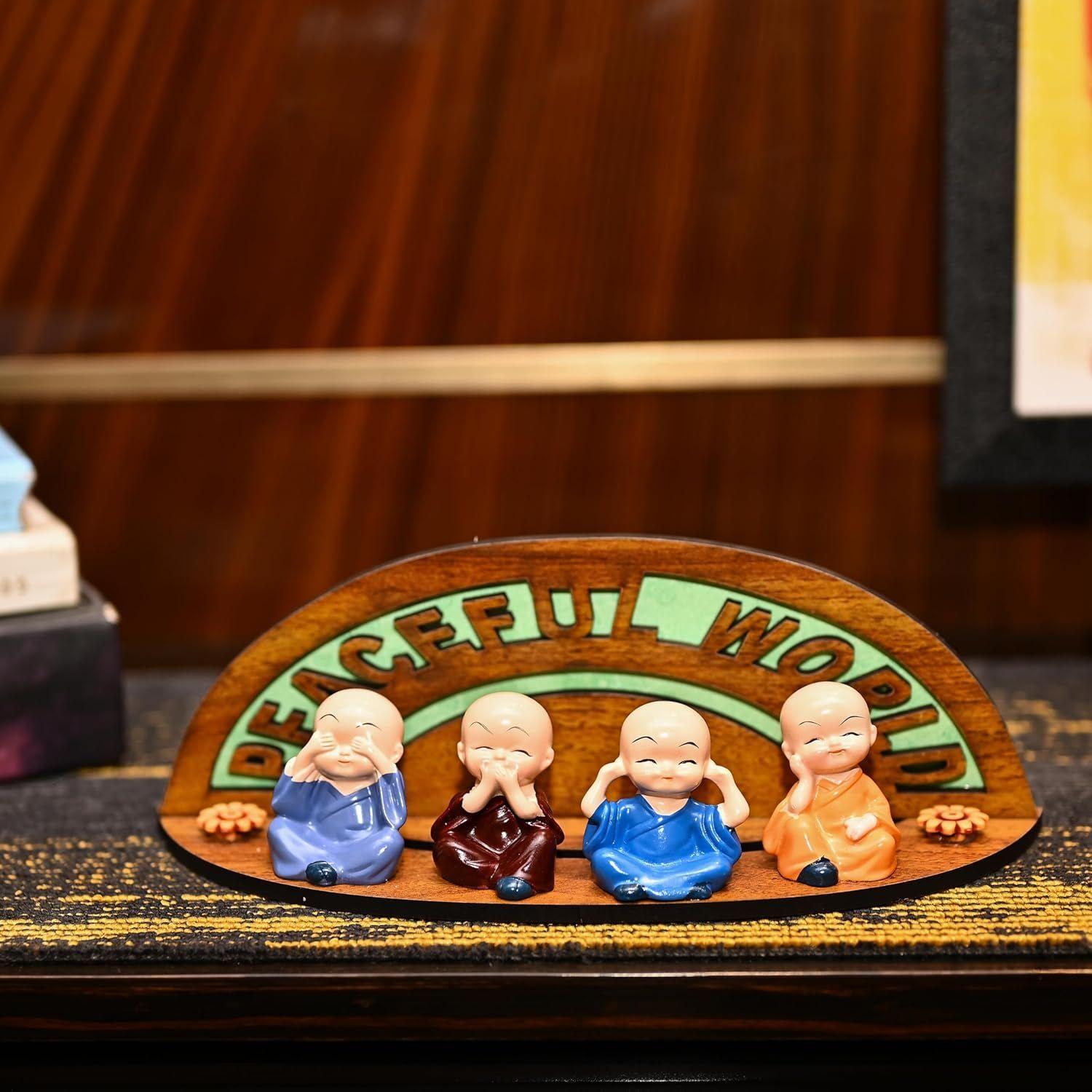 

Декор для дома – Набор из 4 маленьких фигурок Будды-младенца, монаха, с декоративной деревянной подставкой | Монахи в мультяшном стиле для дома