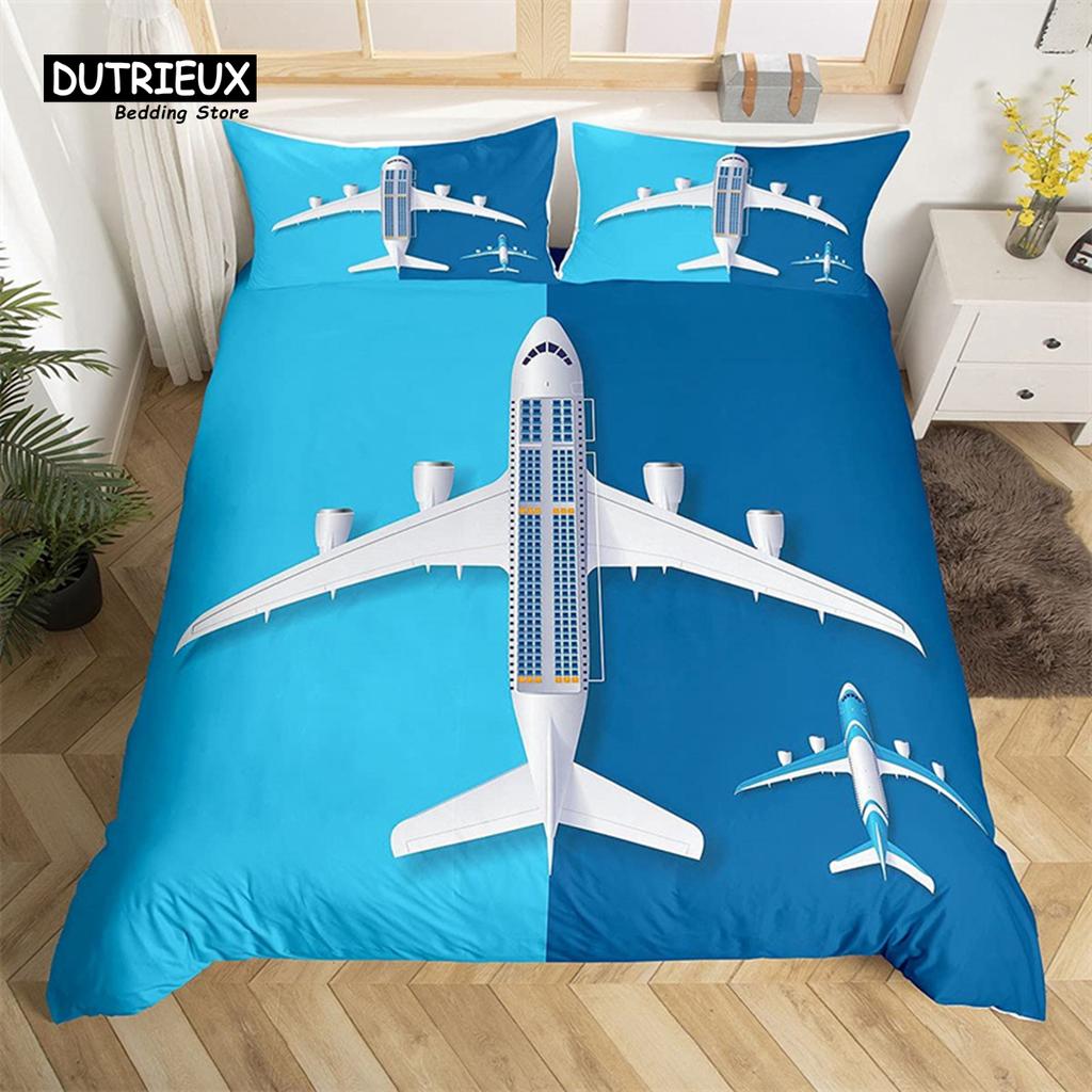 Classic Modern King 3D Airplane Aircraft Transportation Polyester Globe Helicopter Decor Comforter Quilt