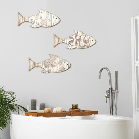 3 Pcs Wood Fish Nautical Wall Decor, Vintage Beach Coastal Theme Fish Wall Art, Rustic Farmhouse Hanging Sculpture for Lake House, Bathroom