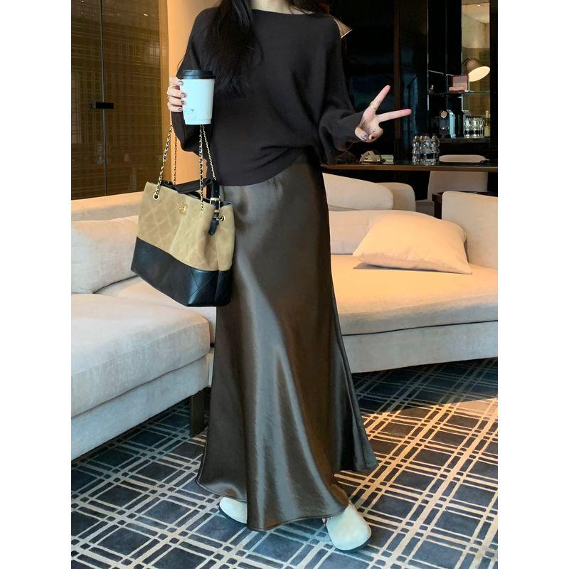 Kumikumi High-Grade Solid Elegant Satin Versatile Skirt Women's Autumn High Waist Slimming Fishtail Skirt Long Dress