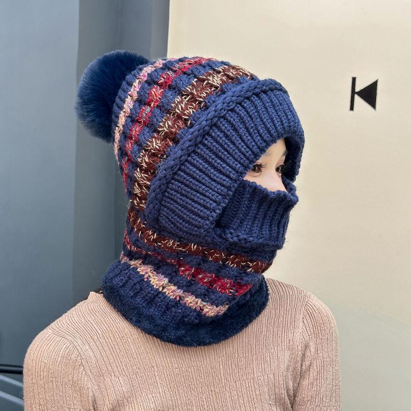 Women's Fleece Lined Thickened Hat Scarf Face Cover Integrated Hat for Autumn Winter Outdoor Cycling Windproof Warm Knitted Cap