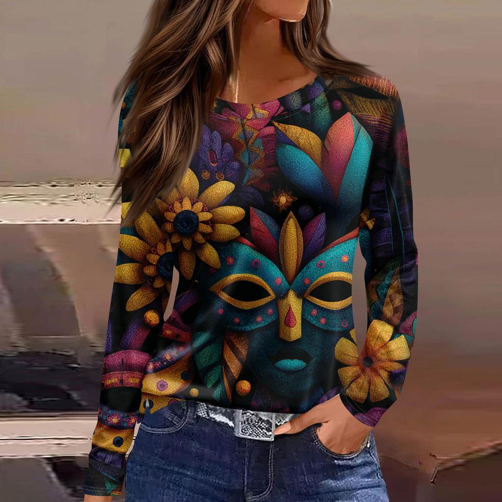 Women's Fashionable Casual  Neck Long Sleeve Hem Split Carnival Print T-Shirt Top