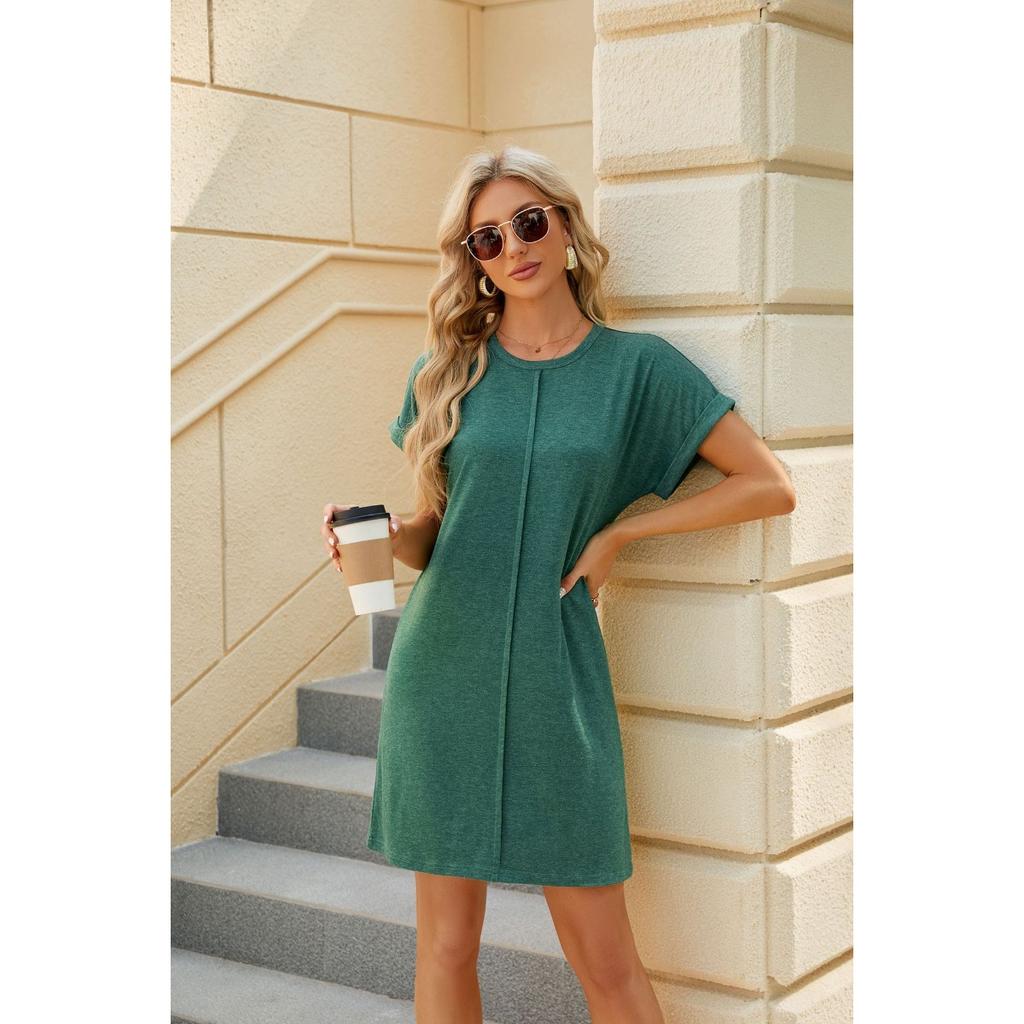 Spring Summer Women's Casual Solid Color Crew Neck Loose Short Sleeve Dress For Cross-border Export
