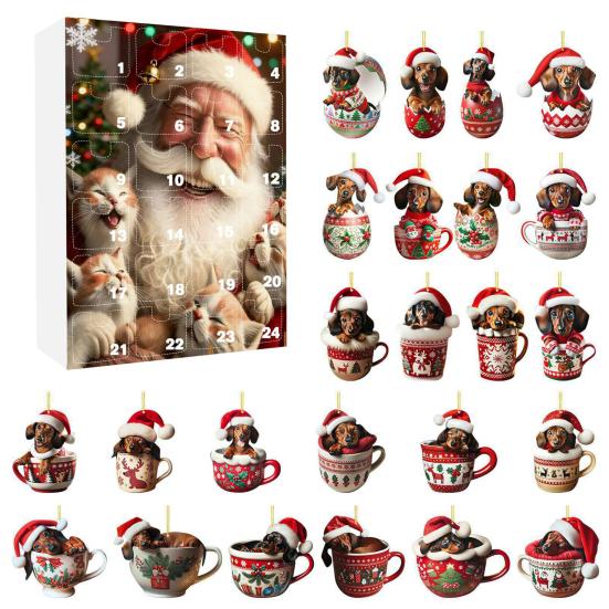 2025 Dackel in Tasse Adventskalender 24-Tage Weihnachts-Countdown-Box mit Acryl-Ornamenten Süßes Geschenk für Hundeliebhaber