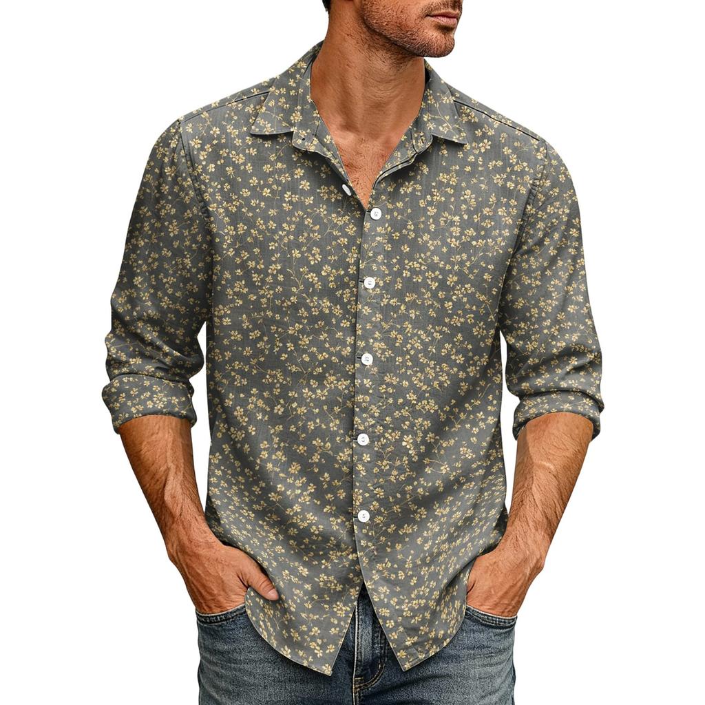 Men's Loose Fit Long Sleeve Shirt Hawaiian Style Button Down Collar Casual Vintage Design Lightweight Breathable Fabric Suitable for Spring Autumn
