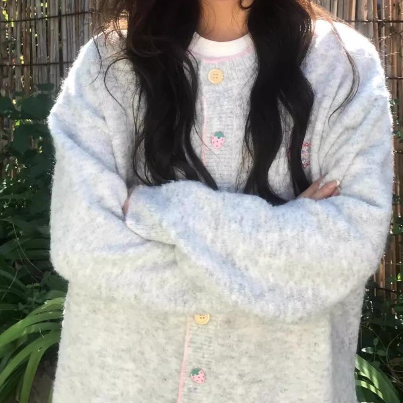 College Style Knitted Cardigan Women's Autumn and Winter New Fun Buttons Lazy Style Soft Waxy Sweater Jacket Loose Top