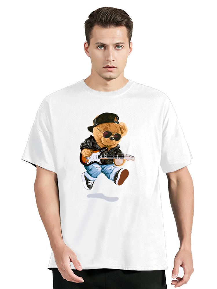 Cool Bear In Rocker Style With Electric Guitar TShirt Hip Hop Rock Cotton Tops Tees Mens Clothing Oversized Tshirt