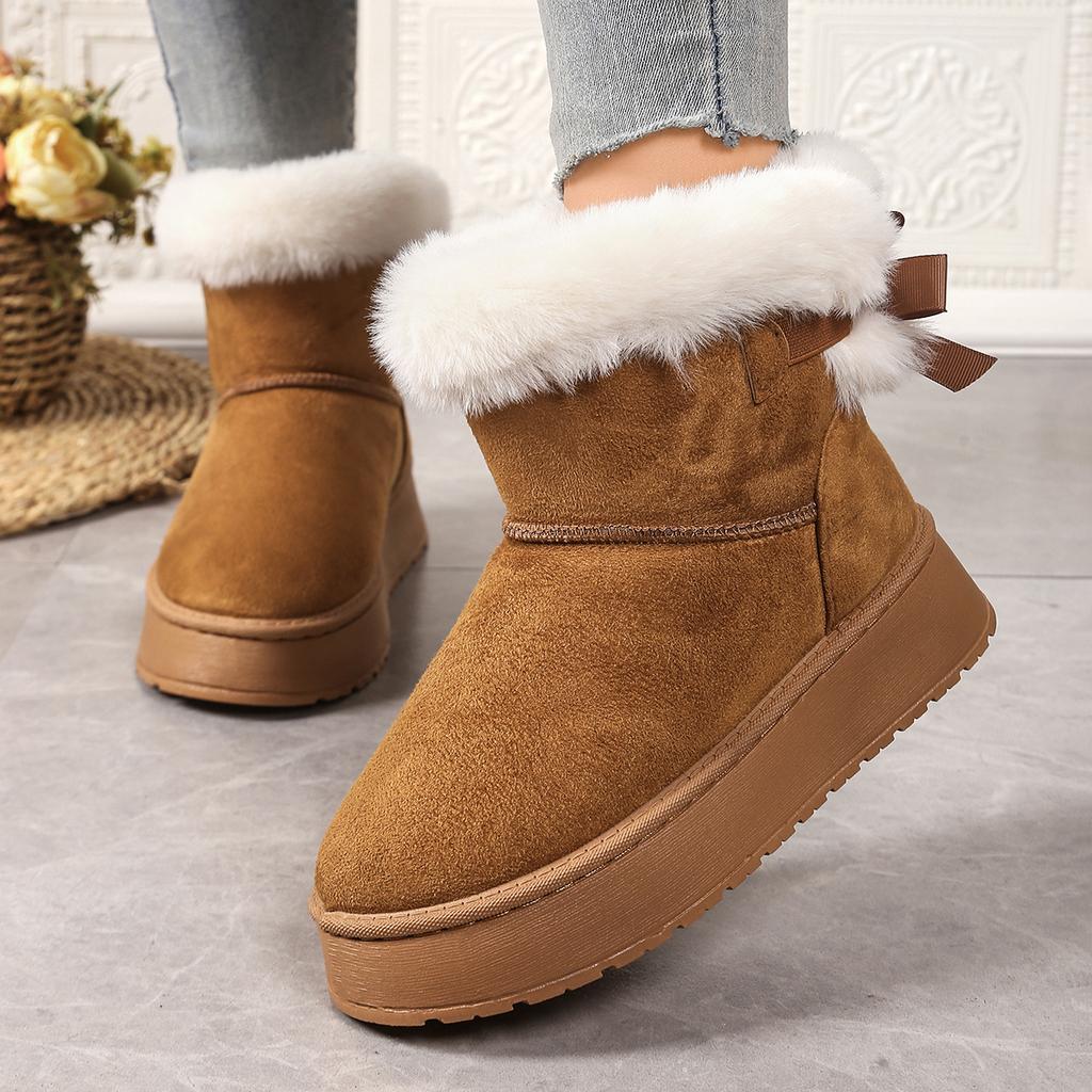Fashion 2025 New Women Boots Casual All-match Thick Soled Mid-tube Snow Boots Bow Plus Cotton Boots Fashion Retro Outdoor Women Shoes