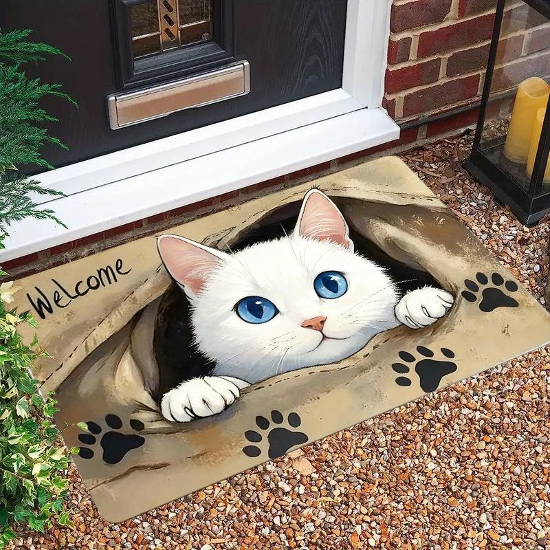 

Cute 2D Peeking Cat Welcome Doormat Non-Slip Entry Floor Mat, Decorative Cat Paw Print Rug for Home Door Mat for Cat Lovers 40x60cm