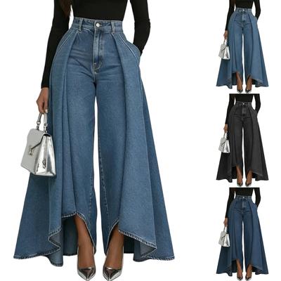 Calças Jeans de Cintura Alta com Pernas Largas para Mulheres, Corte Solto Casual em Sarja com Painel Estendido Flare, Design Elegante e Confortável