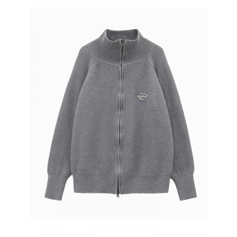 Womens Gray High Neck Zip-Up Knit Cardigan Oversized Loose Fit Winter Sweater Coat