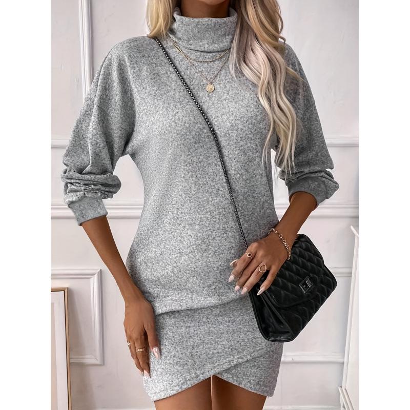 2024 Höst/Vinter Enfärgad Höghals Slim Fit Långärmad Oregelbunden Klänning