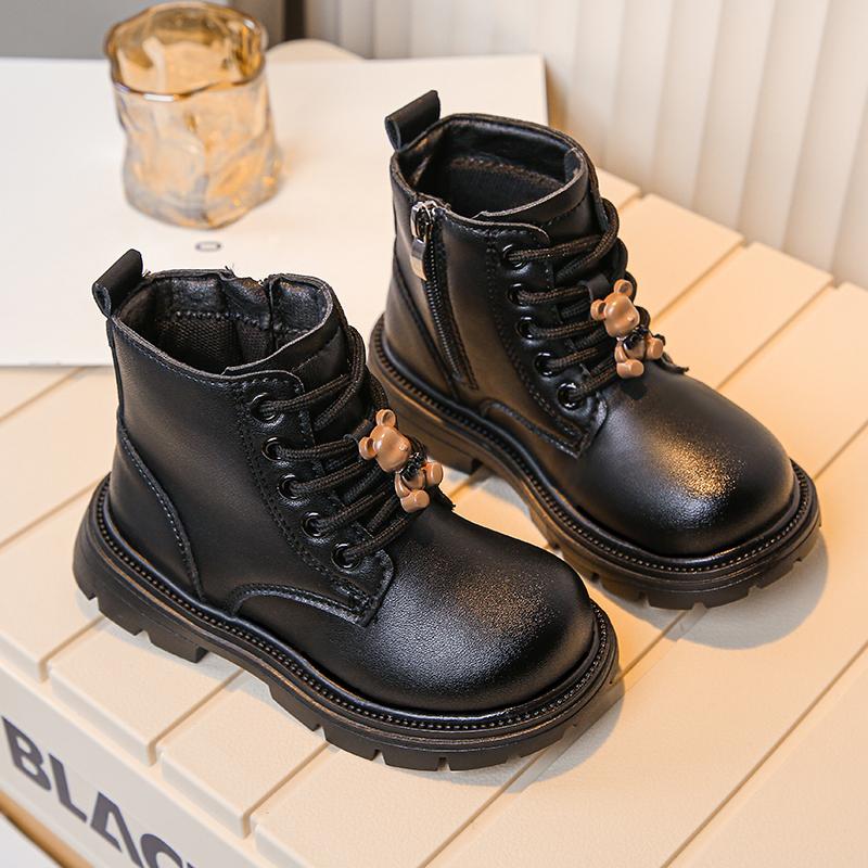 Children Fashion Boots Girls Leather Short Boots Retro Kids Ankle Boots with Bear Doll Anti-Slippery Spring  Autumn 2024 New