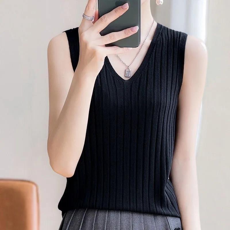 Damen Sommer V-Ausschnitt Lockerer Pullover Strickunterhemd Einfarbig Ärmelloses Unterhemd