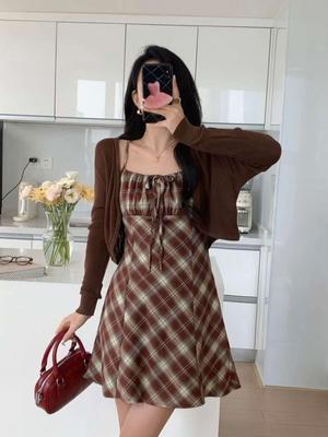 Romantic Shirring Check Mini Casual Dress