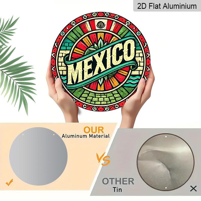 2D Flat, 1pc Round Mexico Themed Aluminum Hanging Sign, Colorful Mexican Flag Talavera Style Design, Retro Metal Wall Decor, Perfect for Cinco De