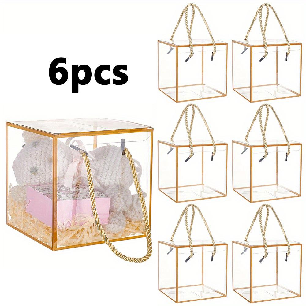 6pcs Golden Transparent PVC Gift Boxes with Polyester Cord Handles Clear Square Display Cases for Storage & Presentation