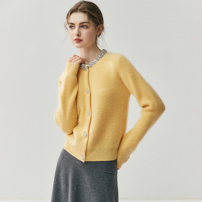 Women's Rhinestone & Cashmere Knit Cardigan - Lightweight, Warm, Round Neck Sweater for Autumn/Winter 2026