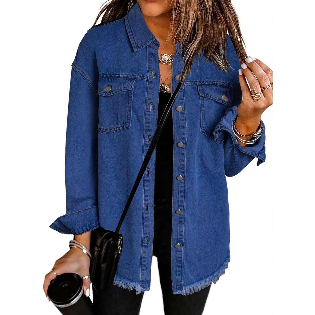 Women Denim Shirt Full Length Jackets Single Breasted Outerwear Washing High Street Cardigan Pockets Loose Coat