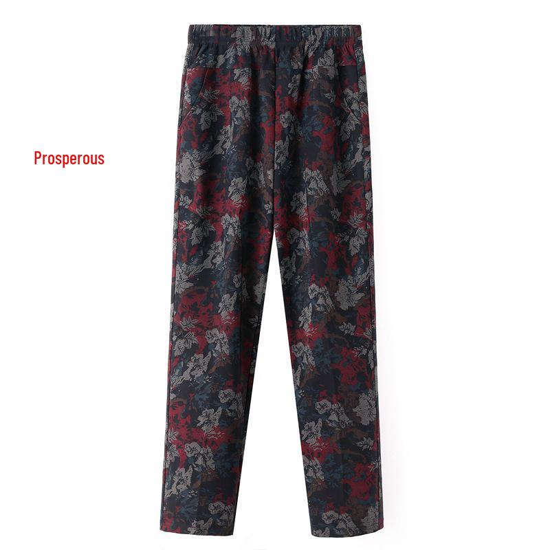 Women's Fleece-Lined Pants, Loose Straight Leg for Middle-Aged/Elderly, Patterned Plus Size, Mom's Style, Fit for All Seasons (Spring, Autumn, Winter)