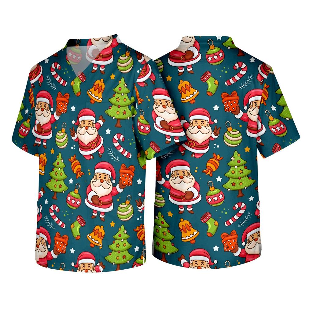Men's Christmas Themed Holiday Caregiver Uniform for Work in Hospitals and Clinics