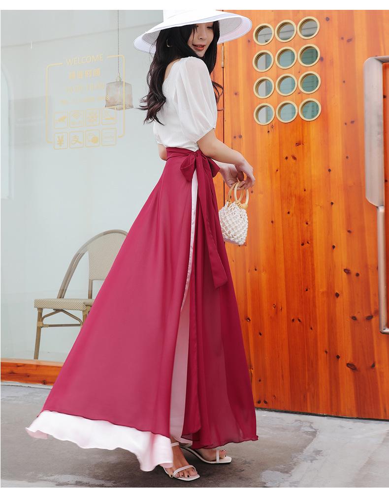 Two-Tone Satin Chiffon Lace-up Dance Midi Skirt for Women