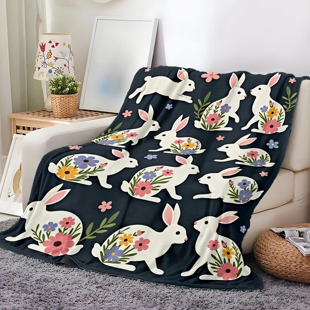 1pc Cozy Rabbit & Floral Print Fleece Blanket - Soft Breathable 100% Polyester, Dark Blue with White Rabbits & Pastel Flowers, A