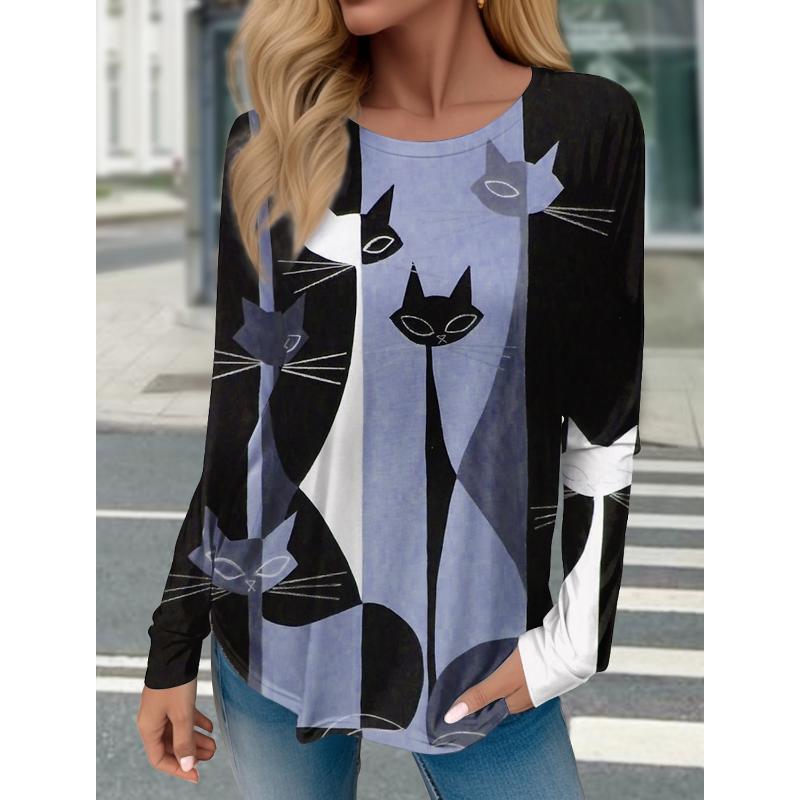 Women's T shirts 3D Print Art Design Cat Pattern Long Sleeve Daily Weekend Fashion Funny Round Neck Regular Fit Spring & Fall