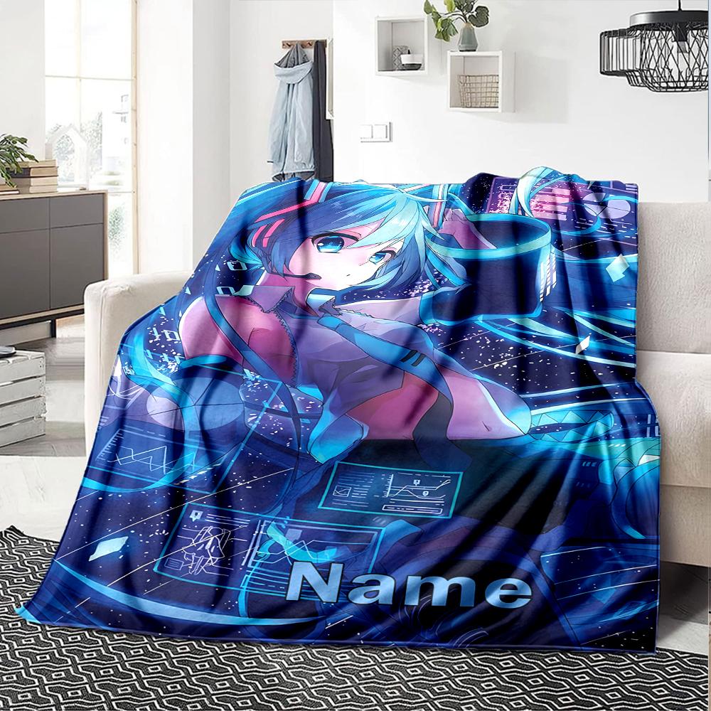 Custom Name Hatsune Miku Theme Printed Blanket - Perfect for Couch, Bed, Travel & Outdoor Use | Machine Washable, Cozy & Durable.