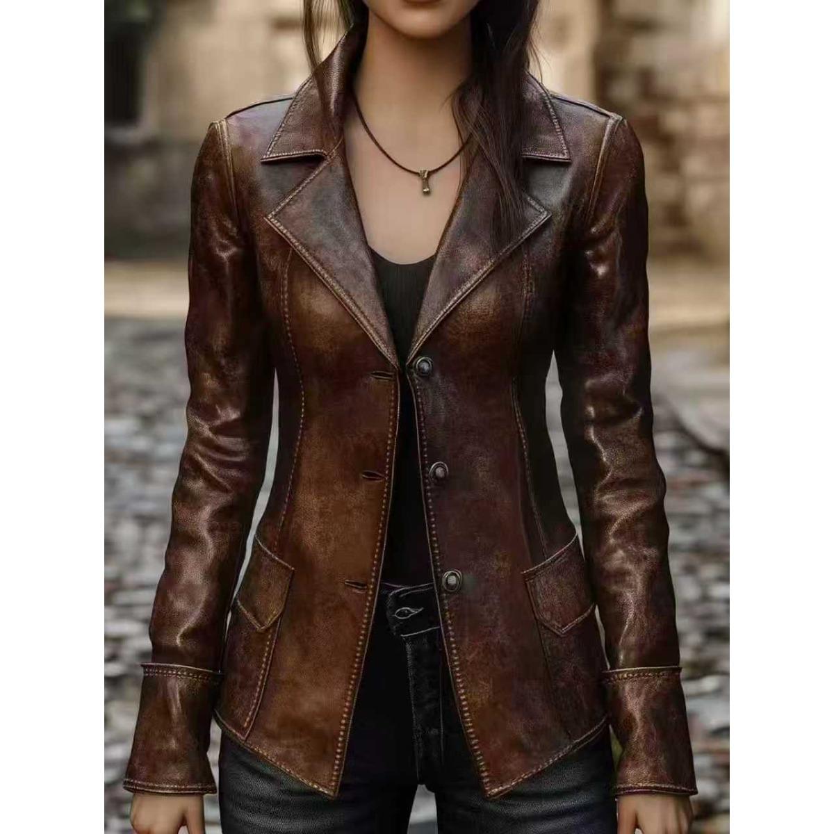 Women`s Vintage Distressed Faux Leather Blazer