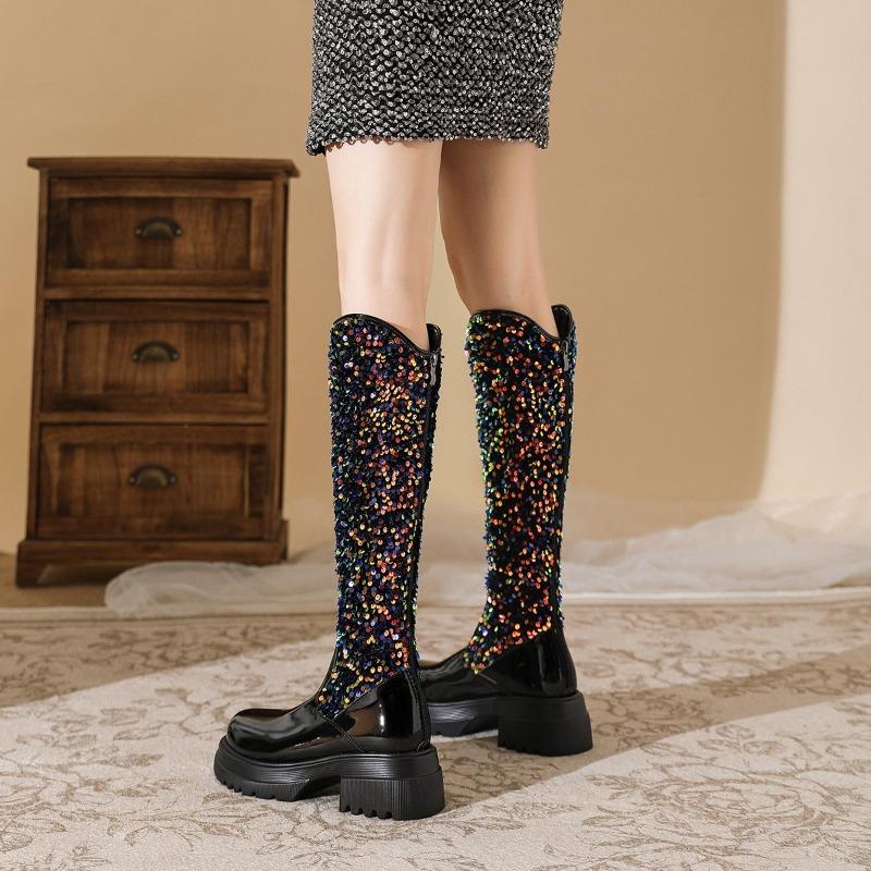 Long Thigh Boots Spring and Autumn Round Toe Spliced Sequin Zipper Platform Square Heel Walk Show Fashion Women's Shoes