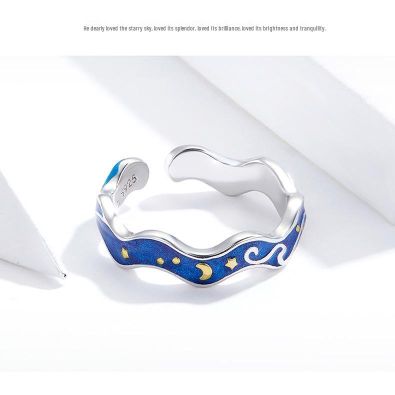 Everle Blue Starry Sky Sterling Silver Gold-Plated Open Ring S925