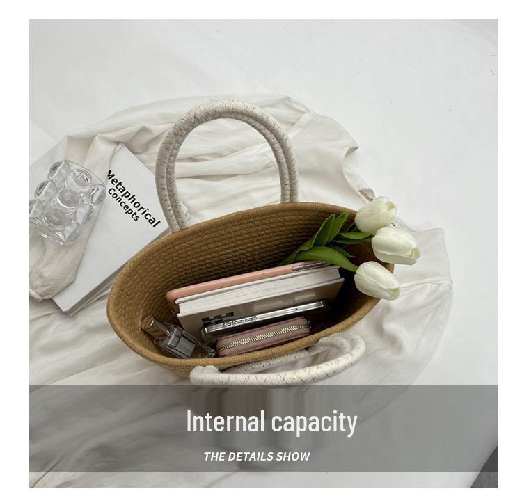 Contrast Color Cotton Rope Woven Women's Tote: Stylish, Large Capacity, Versatile Korean Handbag